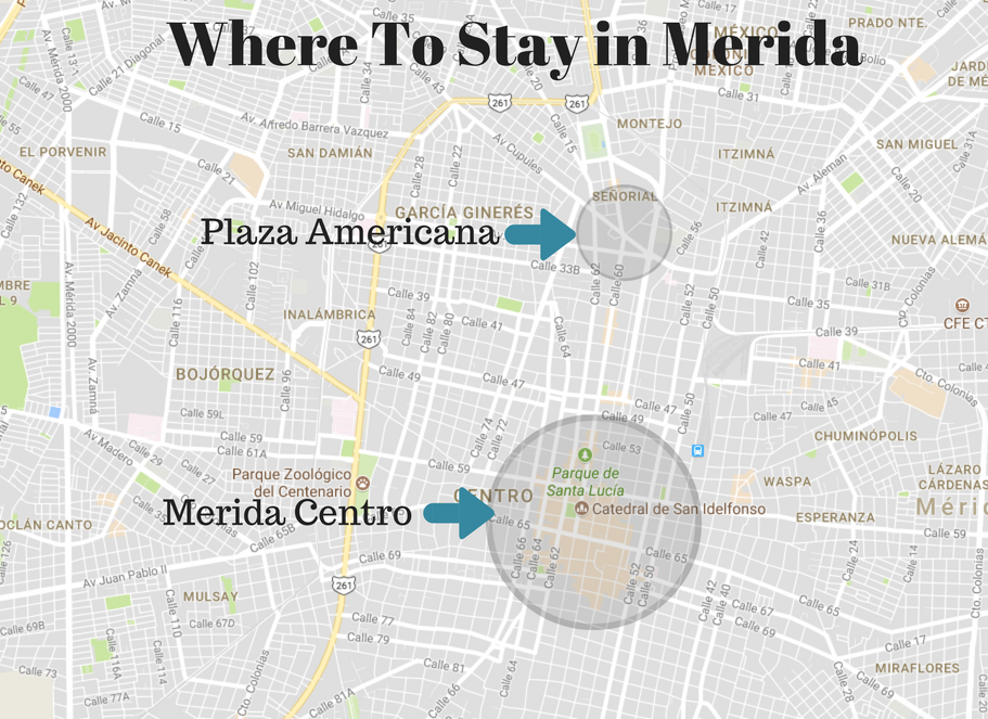 Where To Stay in Merida Mexico map: Plaza Fiesta Americana and Merida Centro