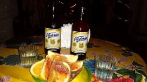Mezcal shots with sour orange slices, sal de gusano, and a beer back.