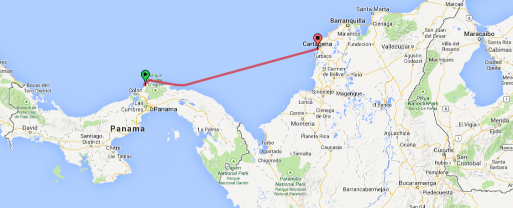 Map of route through San Blas Islands from Portobelo Panama to Cartagena Columbia
