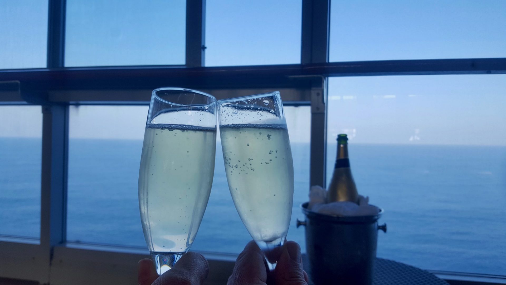 Drinking free champagne won during a game on a cruise
