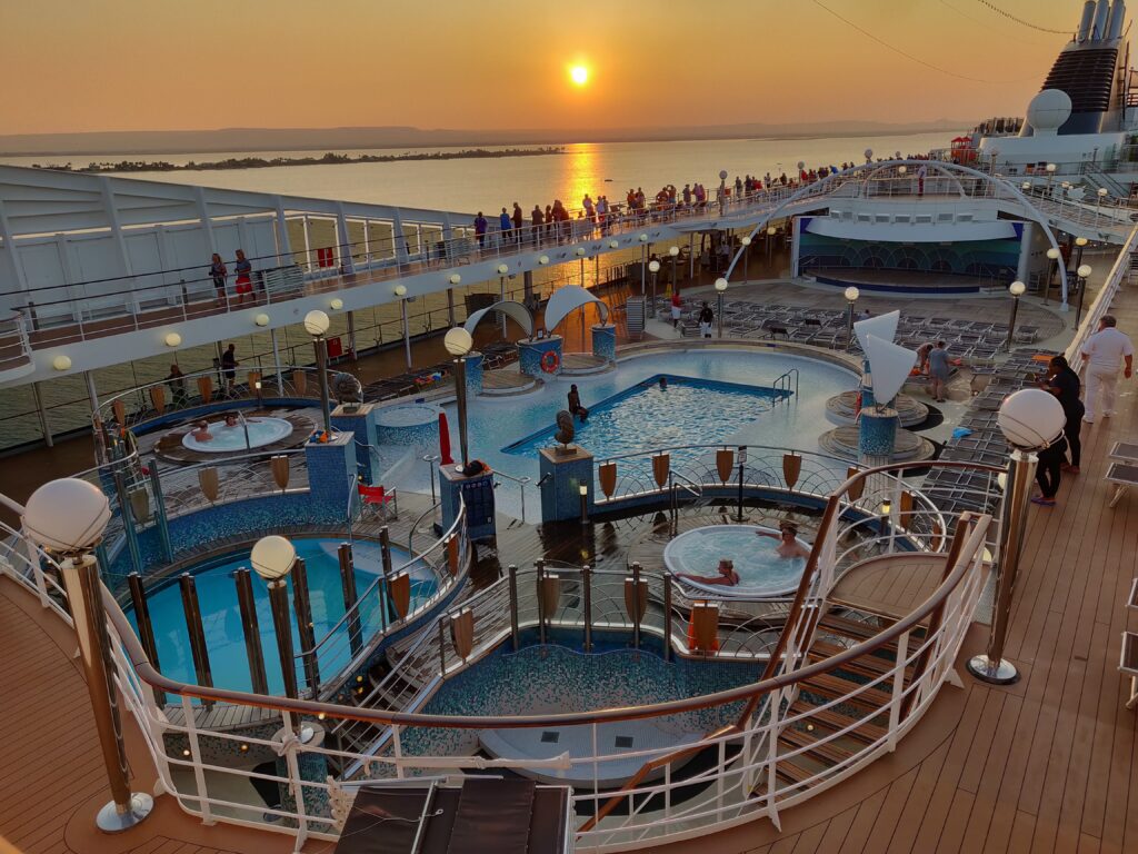 Sunset atop a repositioning cruise voyaging in the Red Sea