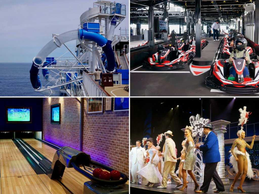 Collage of Things to do on a long repositioning cruise:
-water slide
-go kart track
-bowling
-entertainment performers on a stage