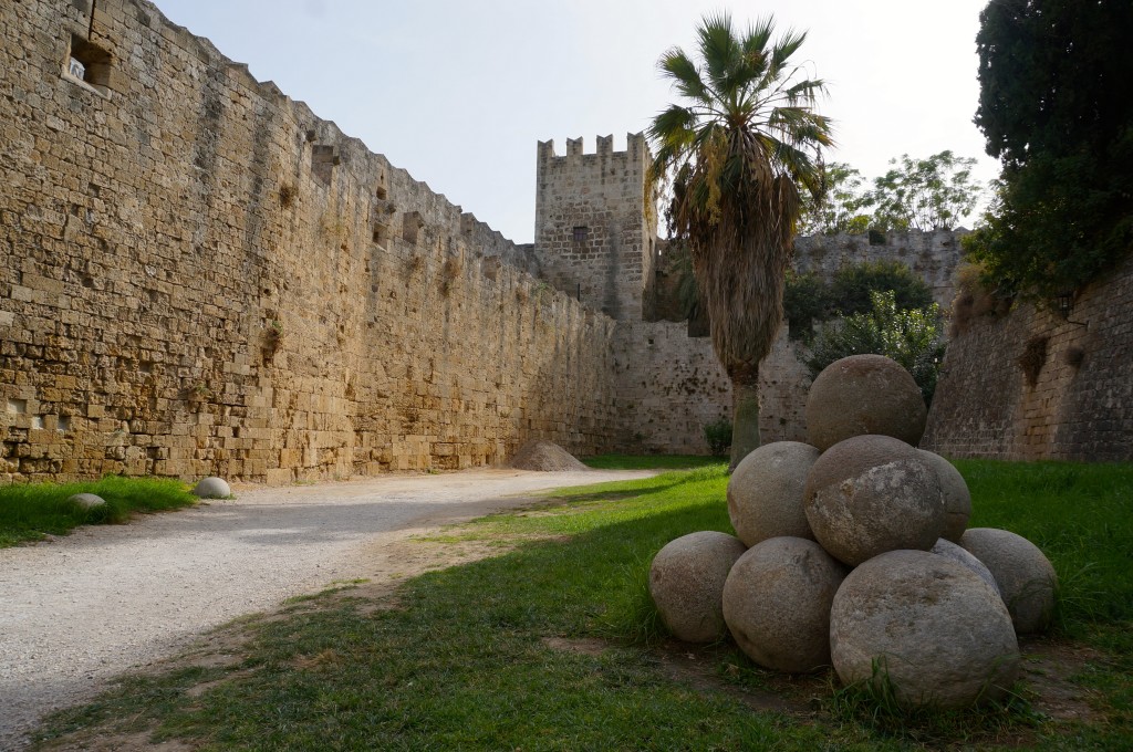 thick fortified wall in Rhodes, Greece