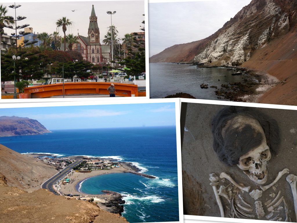 Collage of sites in Arica: Eiffel Church, rugged coastline, seashore, and mummies
