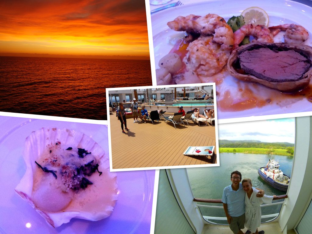 Collage of pictures from the Celebrity Infinity cruise ship: Steak wellington & Lobster, scallops, sunset, deck