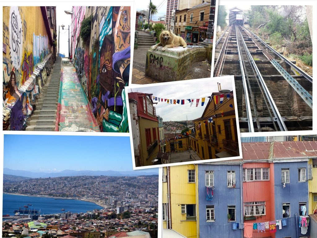 Valparaiso Chile buildings, graffiti, skyline, and funicular track