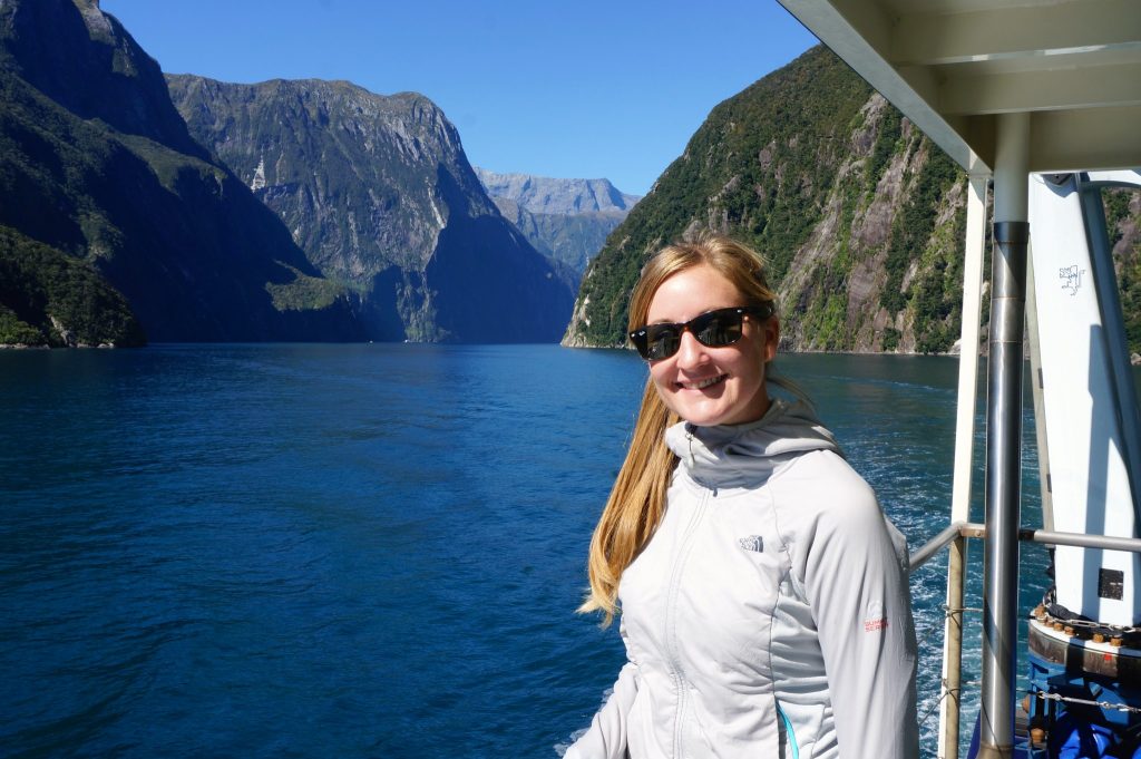 Heather posing from Milford Mariner in the Milford Sound