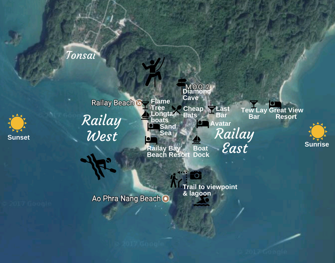 Railay Map showing Railay East vs West, beaches, hotels, trails, sunset views, bars, and cheap eats