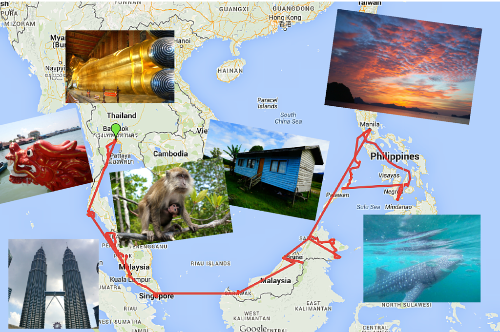 Our 4-month Southeast Asia route map of Thailand to Peninsula Malaysia to Singapore to Malaysian Borneo to the Philippines