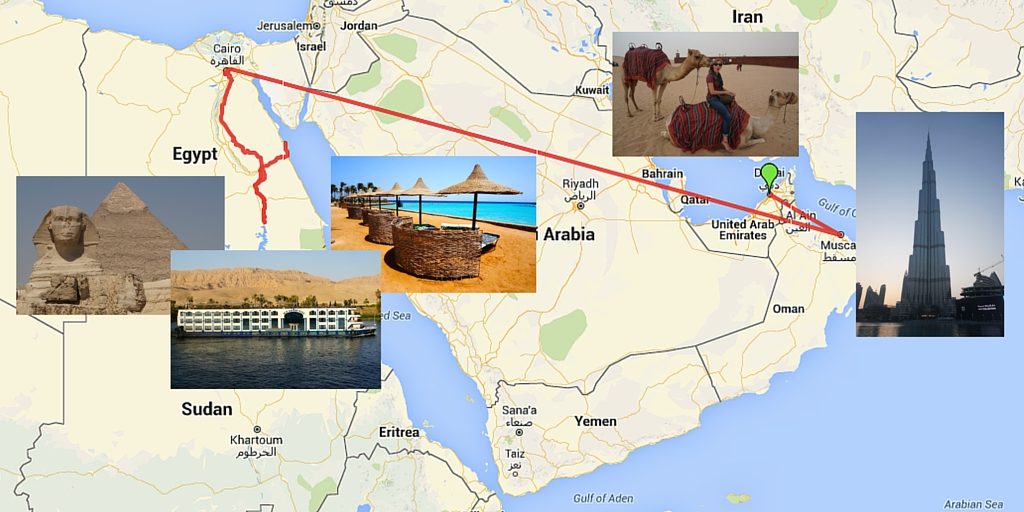 Route map Dubai to Cairo to Luxor to Aswan to Luxor to Hurghada