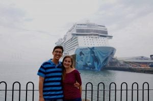 John & Heather standing in front of the Norwegian Bliss cruise ship in Southampton England