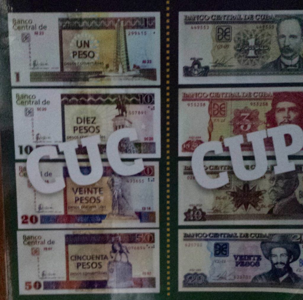 Comparison of CUC and CUP peso money notes in Cuba