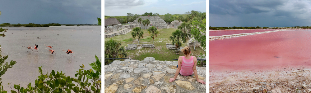 Telchac Puerto, flamingos, ruins, and pink salt lagoon