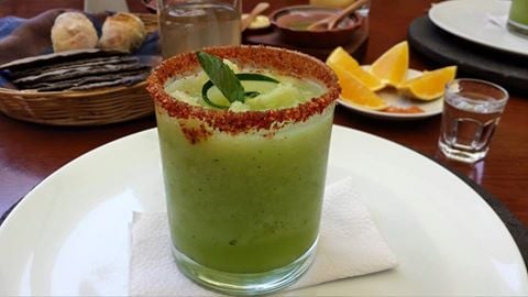 Cold cucumber and mint soup appetizer in Danzantes Oaxaca Mexico part of the menu del dia for the price of $115 pesos