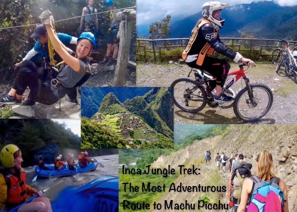 Inca Jungle Trek to Machu Picchu activities: ziplining, mountain biking, whitewater rafting, and hiking