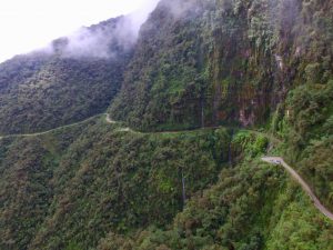Death Road Bolivia as shot from a drone