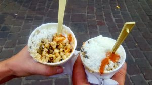 esquites (cups of corn) with cheese and creme in Guanajuato Mexico