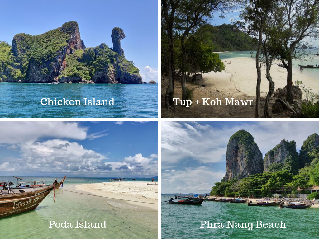 Railay 4-Island Tour collage showing Chicken Island, Tup Island, Poda Island, and Phra Nang Beach