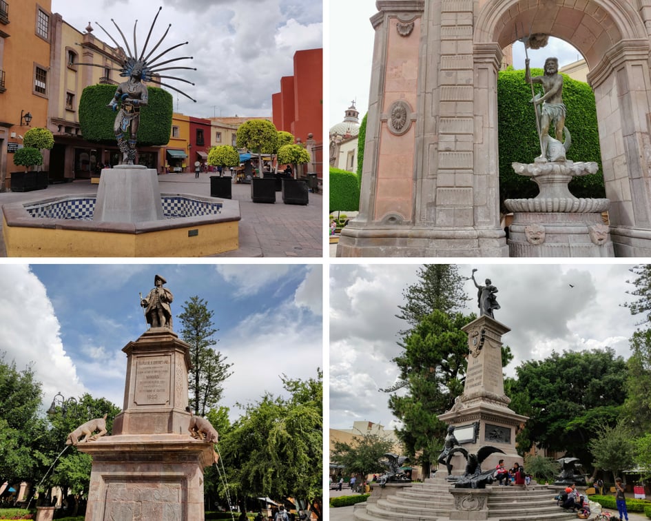 Queretaro Monuments and statues: Fuente de Neptuno, Monumento de La Corregidora, Fuente de los Perritos, and El Danzante Conchero