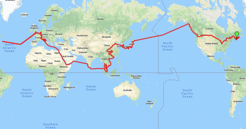 Route map of our cheap cruise around the world