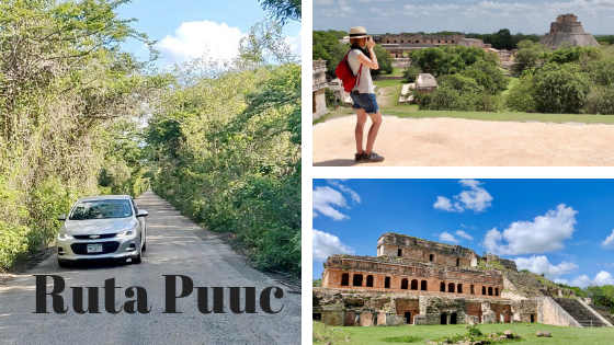 Collage highlighting the Ruta Puuc, showing: rental car driving down road, Heather taking pictures at Uxmal and Sayil ruins