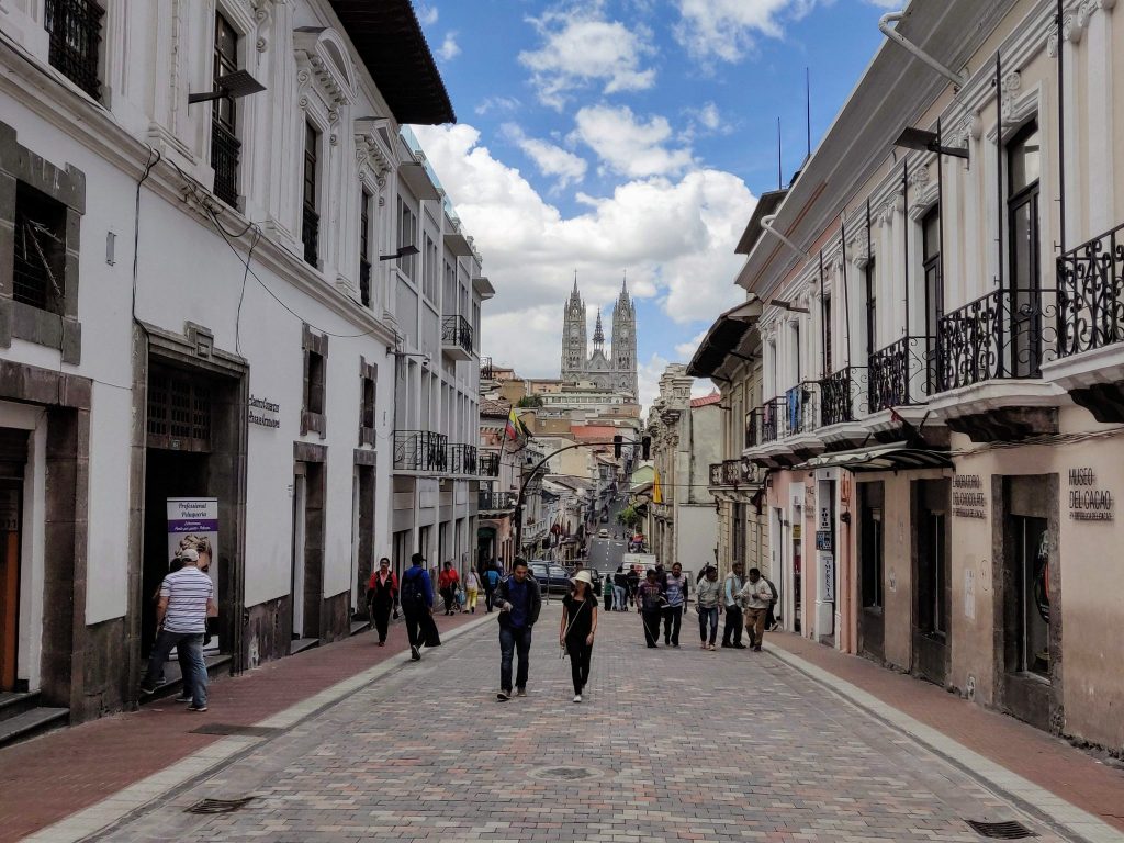Cobblestone pedestrian street in Quito Old Town