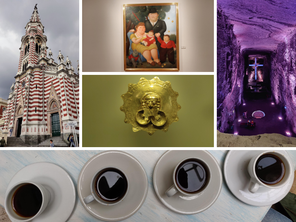 Bogota collage of Salt cathedral, botero painting coffee, gold museum, and church