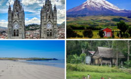 4 different areas of Ecuador: view of church & cityscape, Andes mountains, beach, and Amazon rainforest