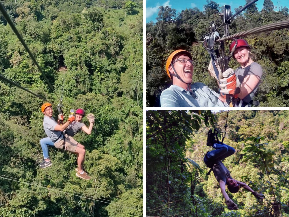 Collage of Heather & John Ziplining in the Mindo Cloud Forest, a ziplining selfie, and Heather hanging upside down