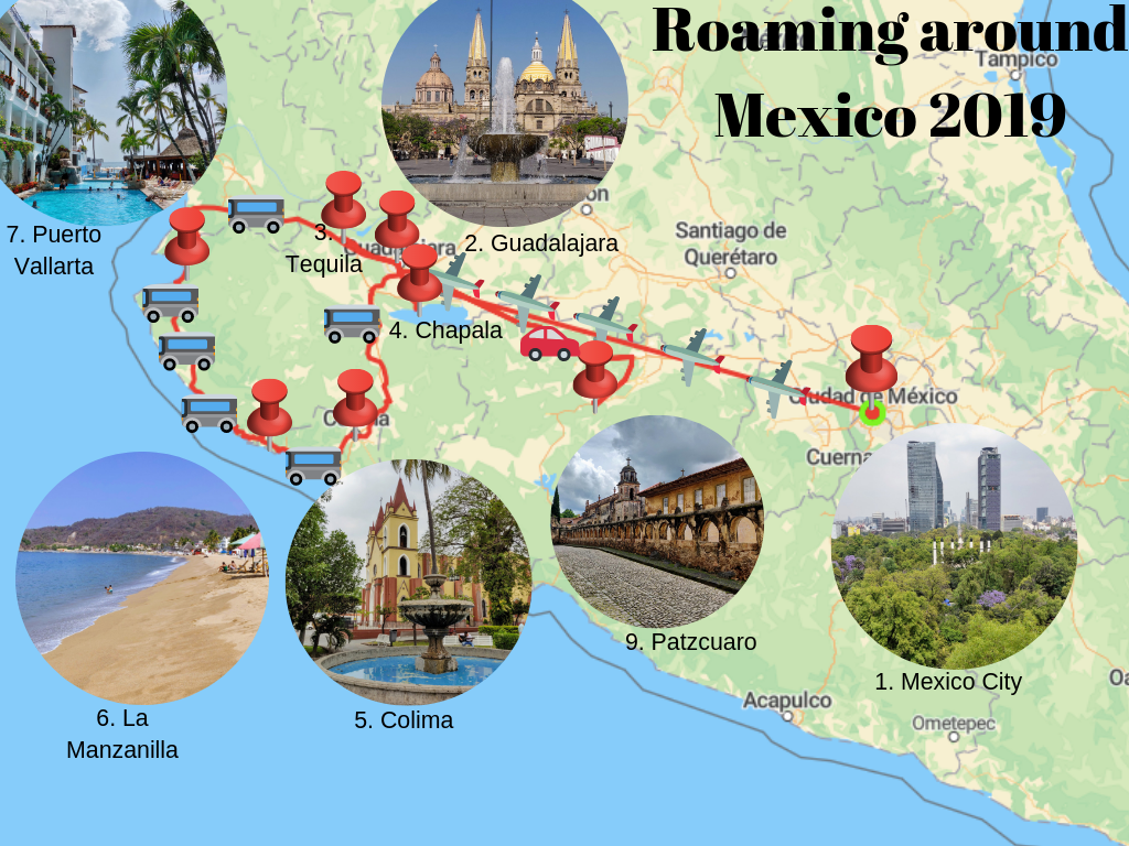 map of travel route through Mexico 2019