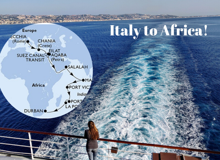 Route map of cruise from Italy to South Africa shown at the stern of the cruise ship