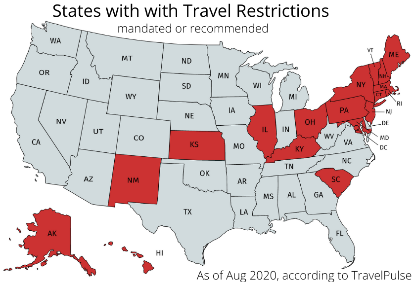 Map of US showing states with pandemic travel restrictions, as of August 2020