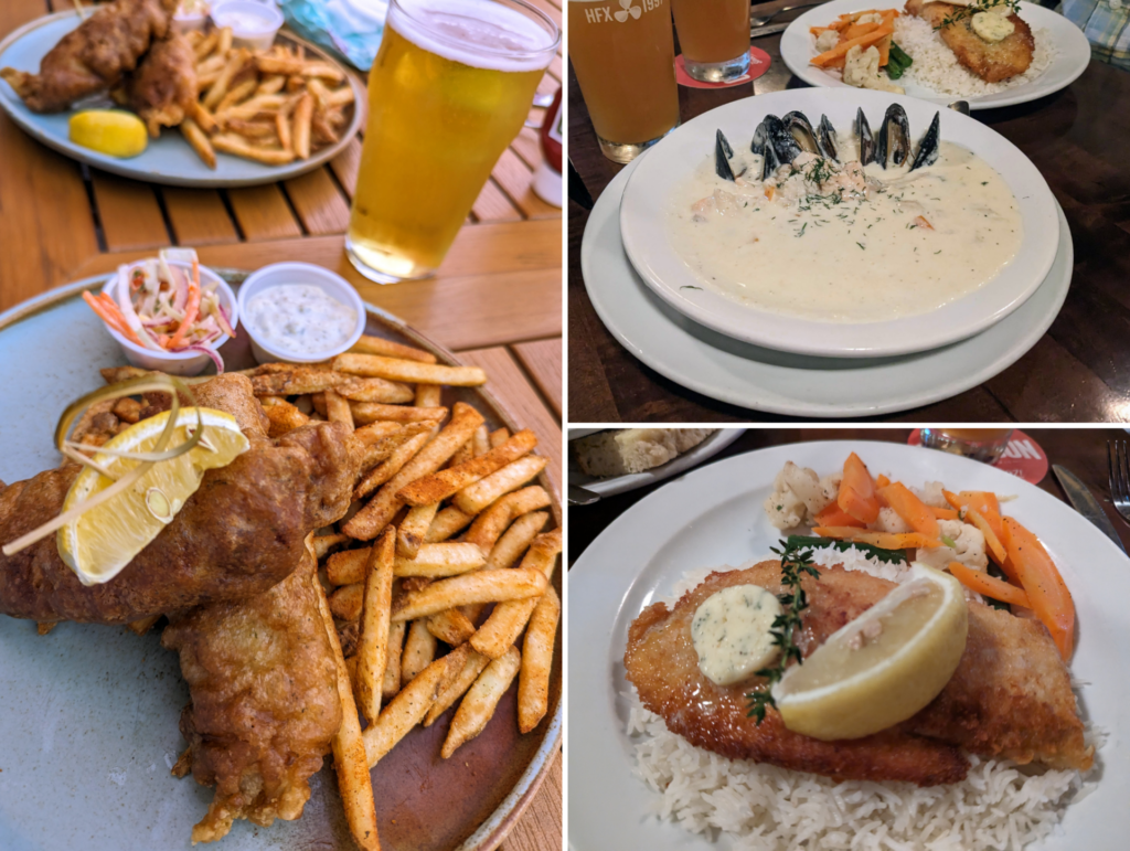 Collage of Nova Scotia Haddock in Halifax:
1) Fish and chips
2) Nova Scotia chowder
3) Pan fried haddock